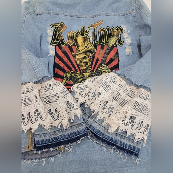 Rock Tour Jean Jacket with Lace Gypsy Bell Sleeves Upcycled Retro Rock Merc - Picture 13 of 14